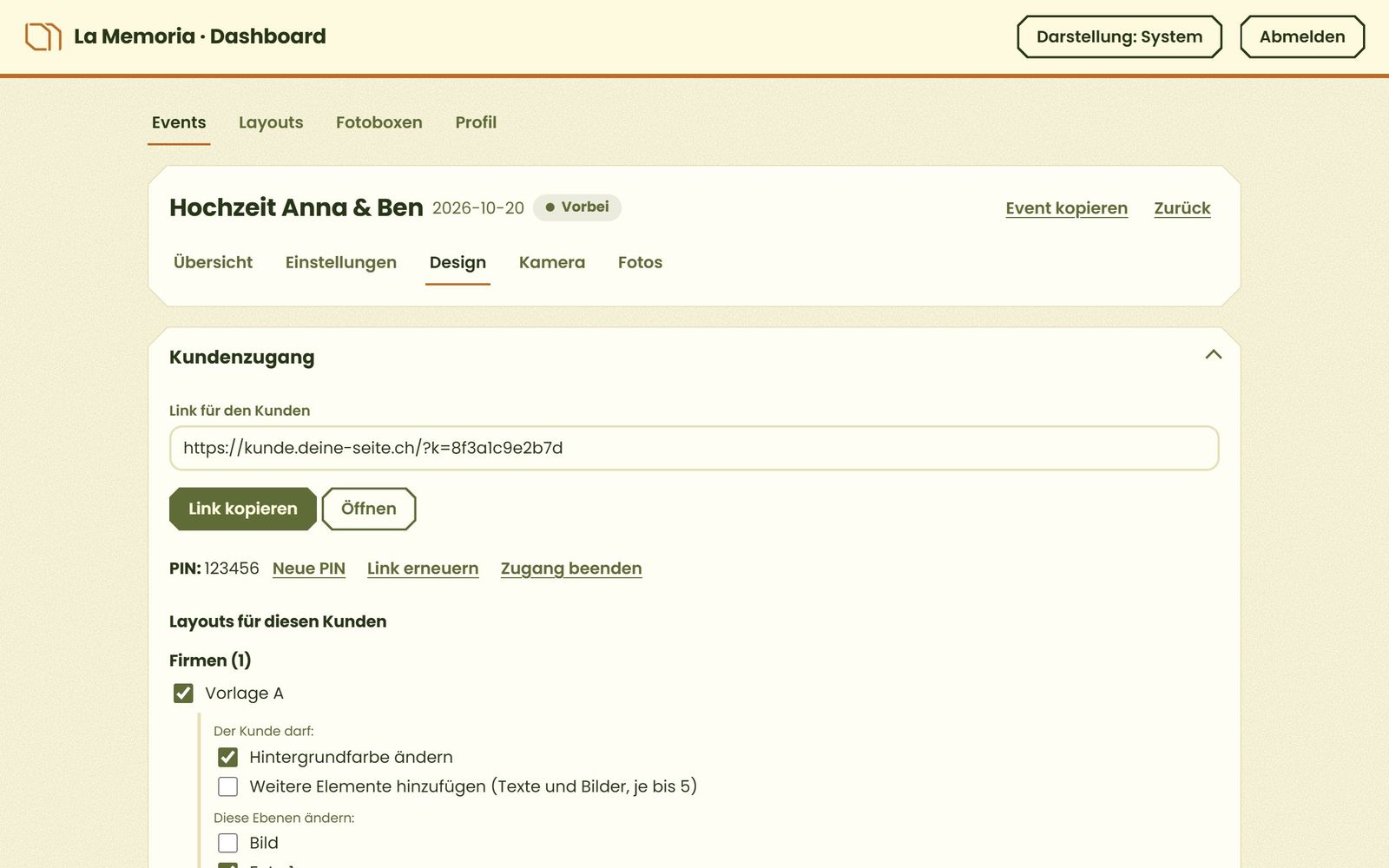 Kundenzugang mit Link, PIN und Rechten pro Layout